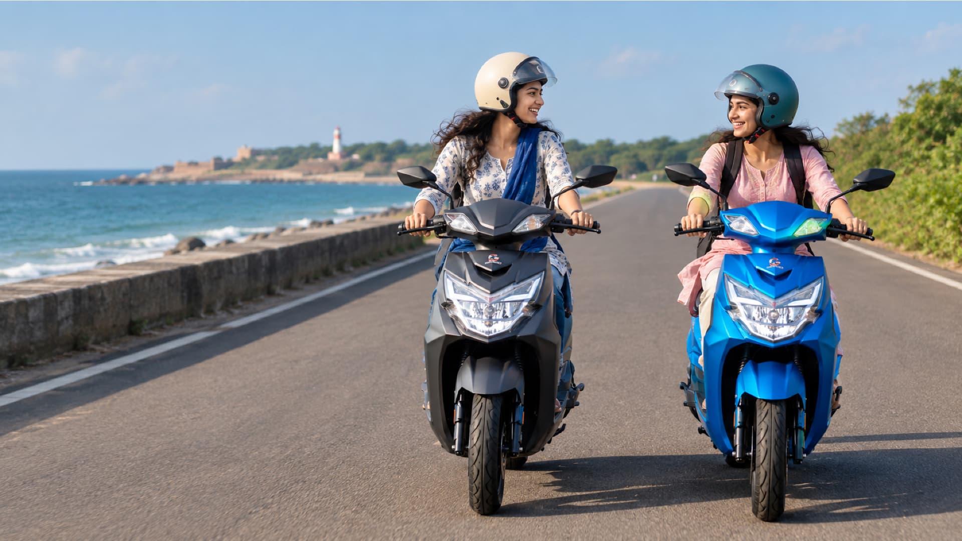 Two riders on GAURA G6 electric scooters along a scenic coastal road