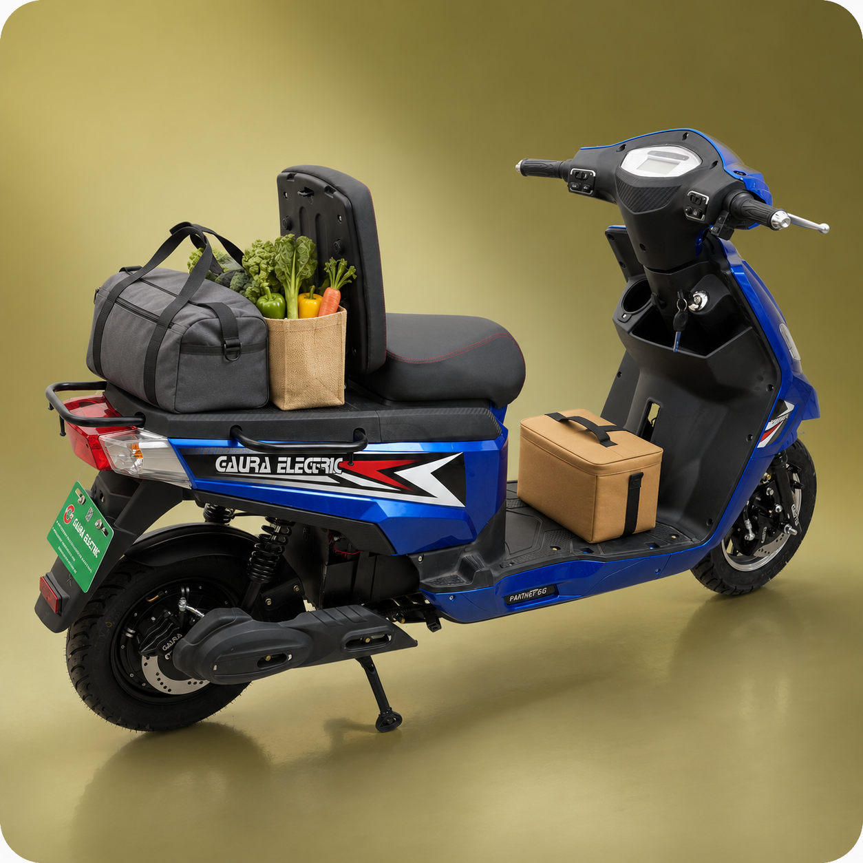 Partner scooter loaded with a duffel bag, grocery bag of vegetables, and a delivery box