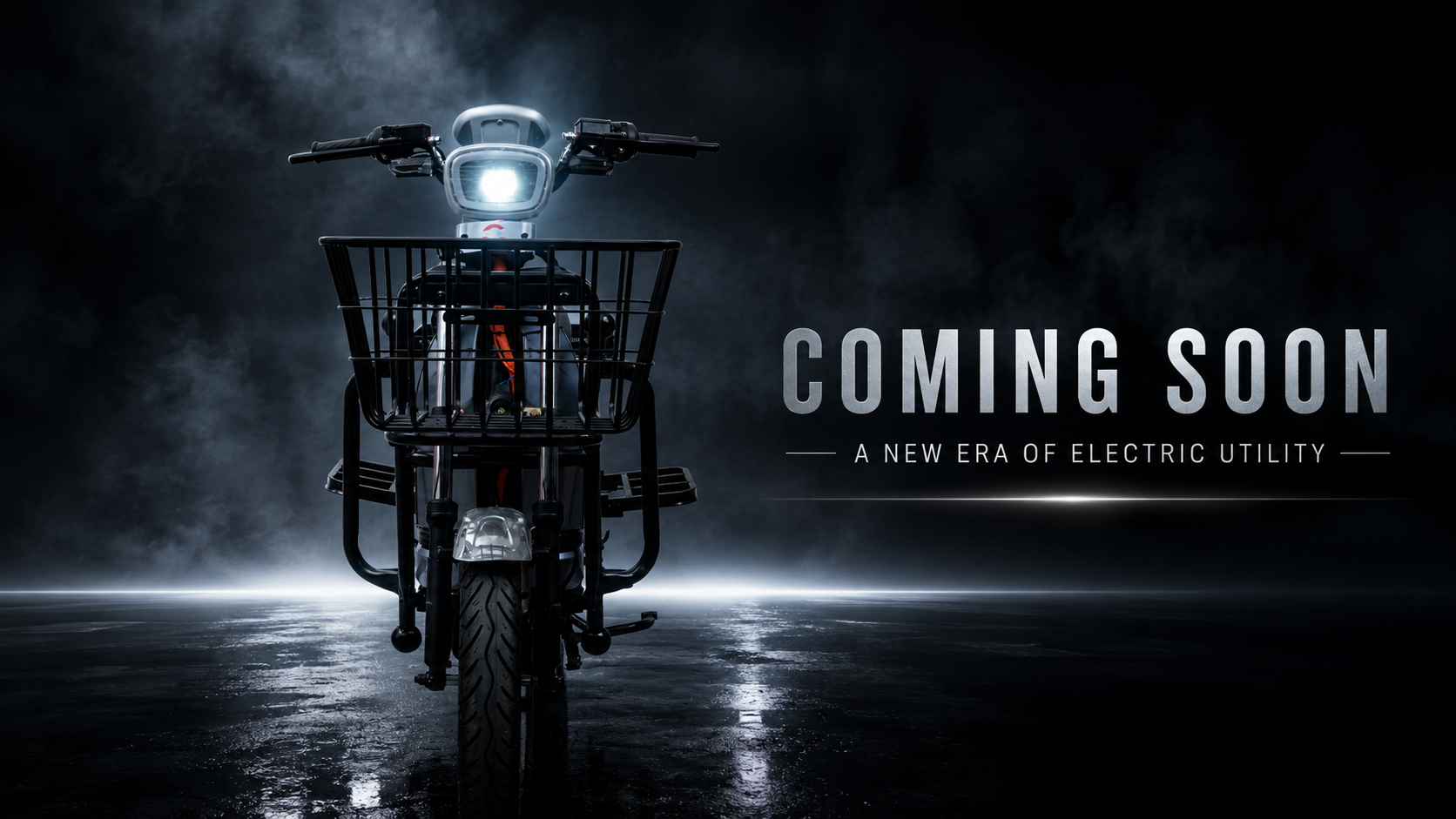 Gaura Porter electric utility scooter with front cargo basket, illuminated in a smoky studio