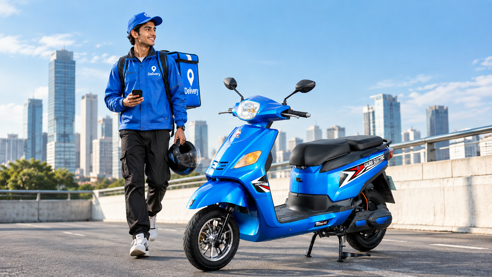 Blue Gaura Partner electric scooter with a delivery rider in the city