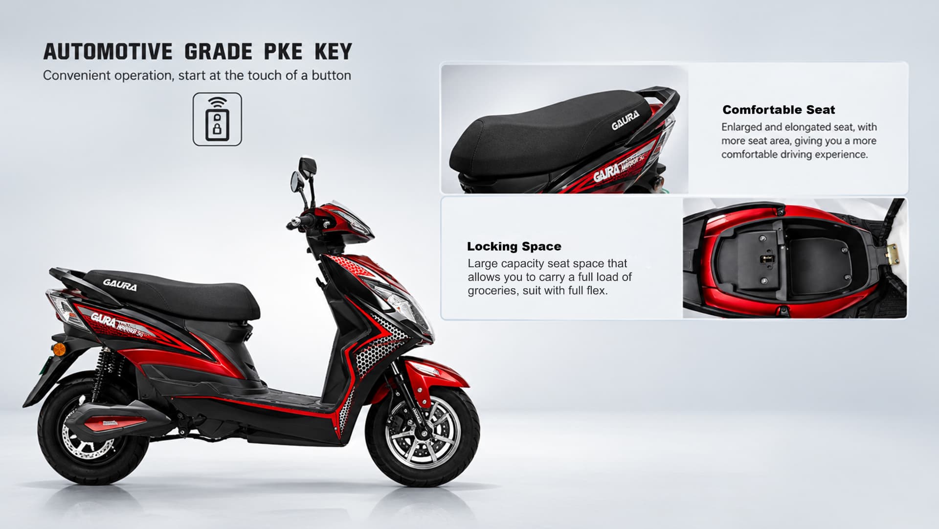 Gaura Warrior seat, locking storage space, and automotive-grade PKE key features