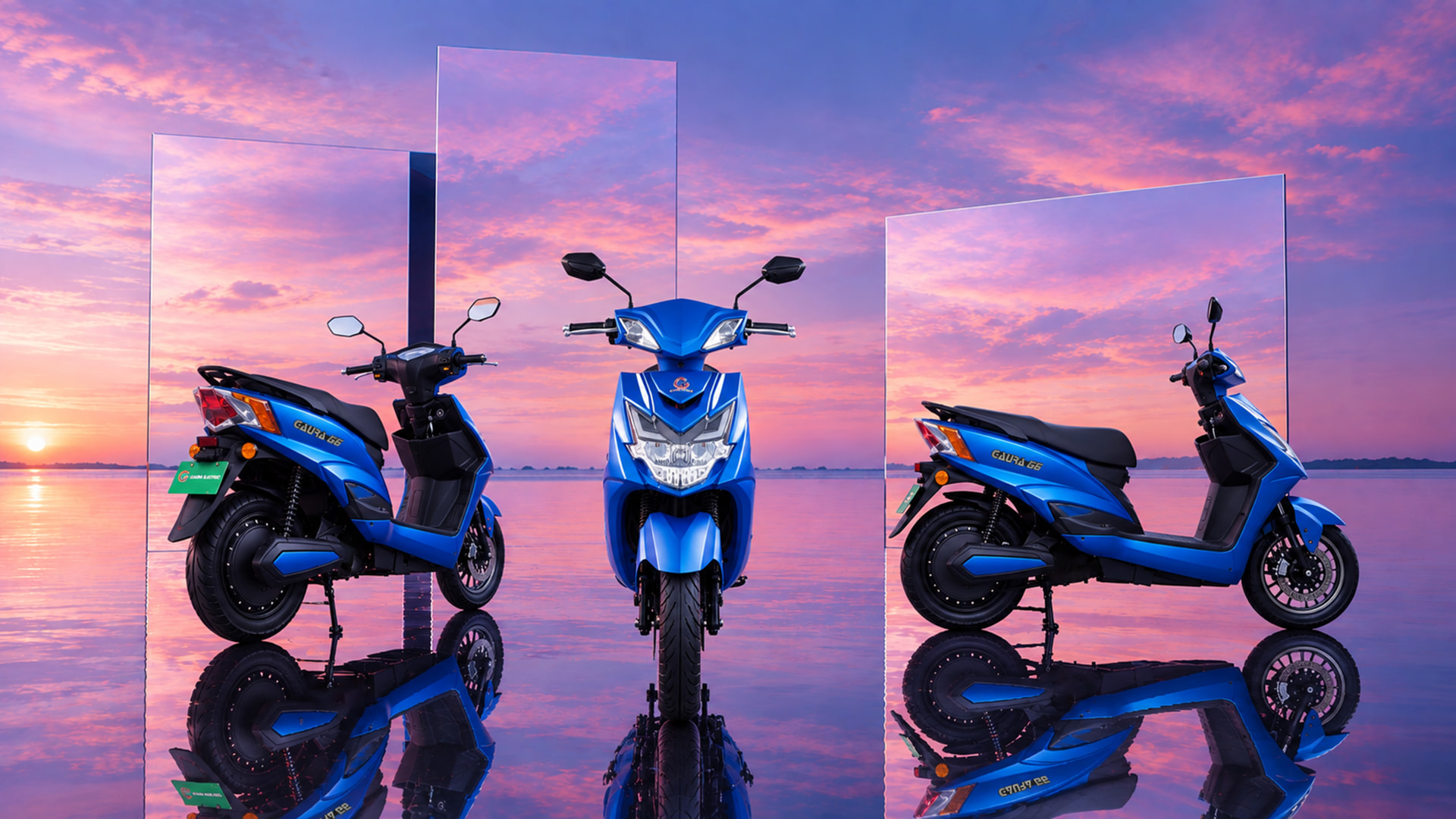 Three blue GAURA G6 electric scooters reflected against a sunset sky