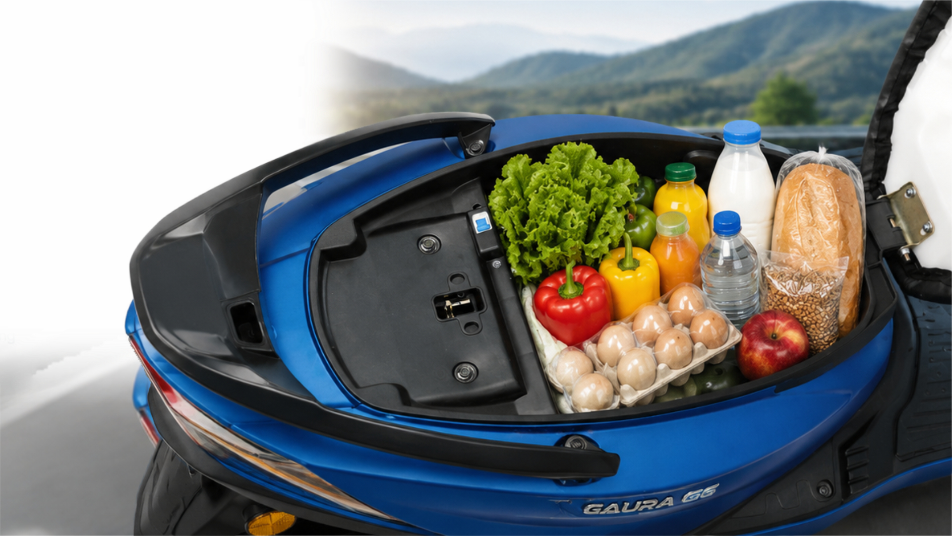 GAURA G6 under-seat boot space filled with groceries
