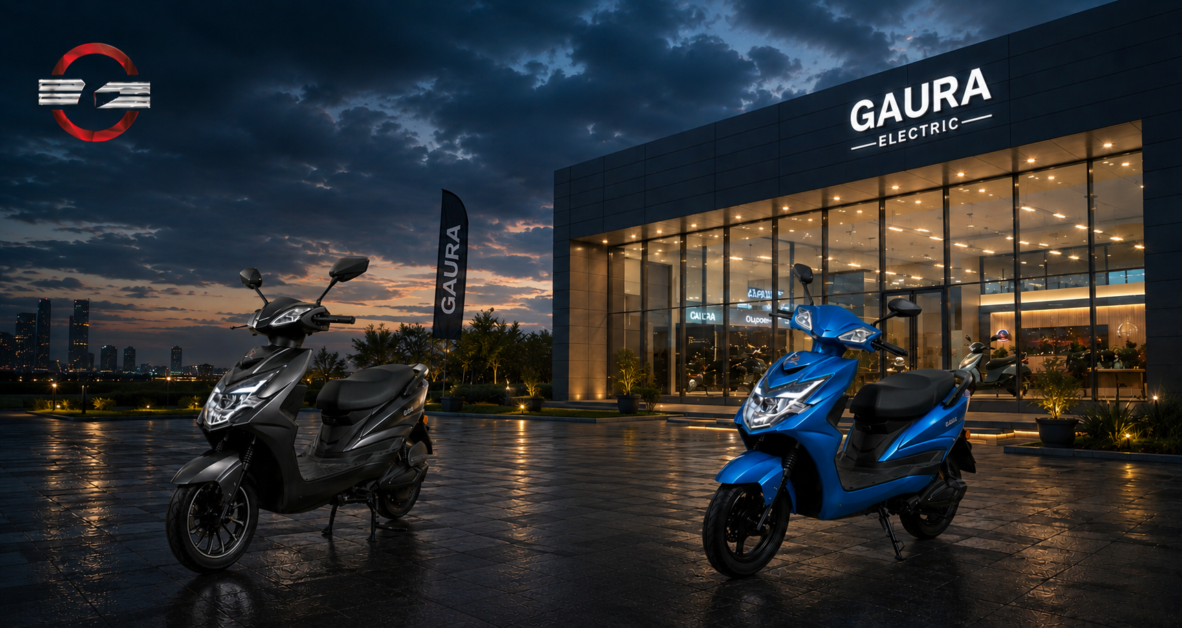 Gaura Electric dealership showroom lit up at dusk